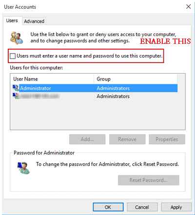 settings user must enter a user name and password to use the computer now visible