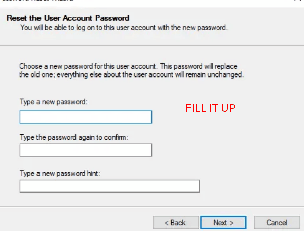 fill the password reset disk information